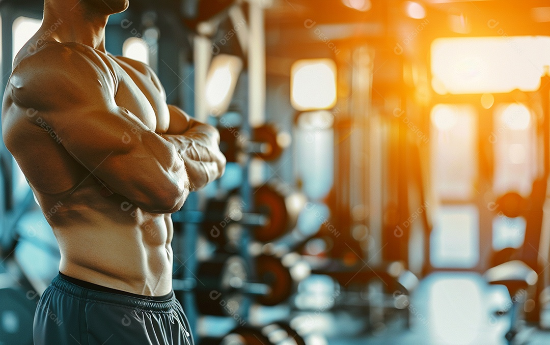 Homem fisiculturista sobre academia de fundo de cor sólida