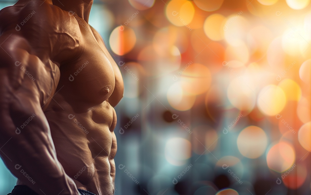 Homem fisiculturista sobre academia de fundo de cor sólida