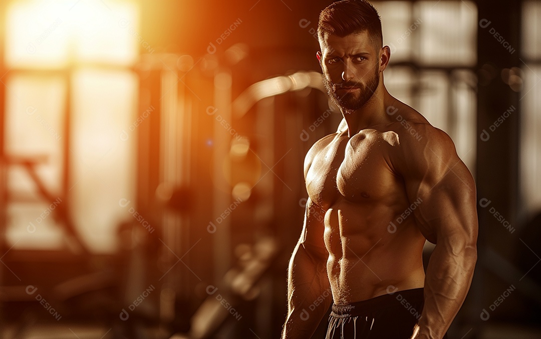 Homem fisiculturista sobre academia de fundo de cor sólida