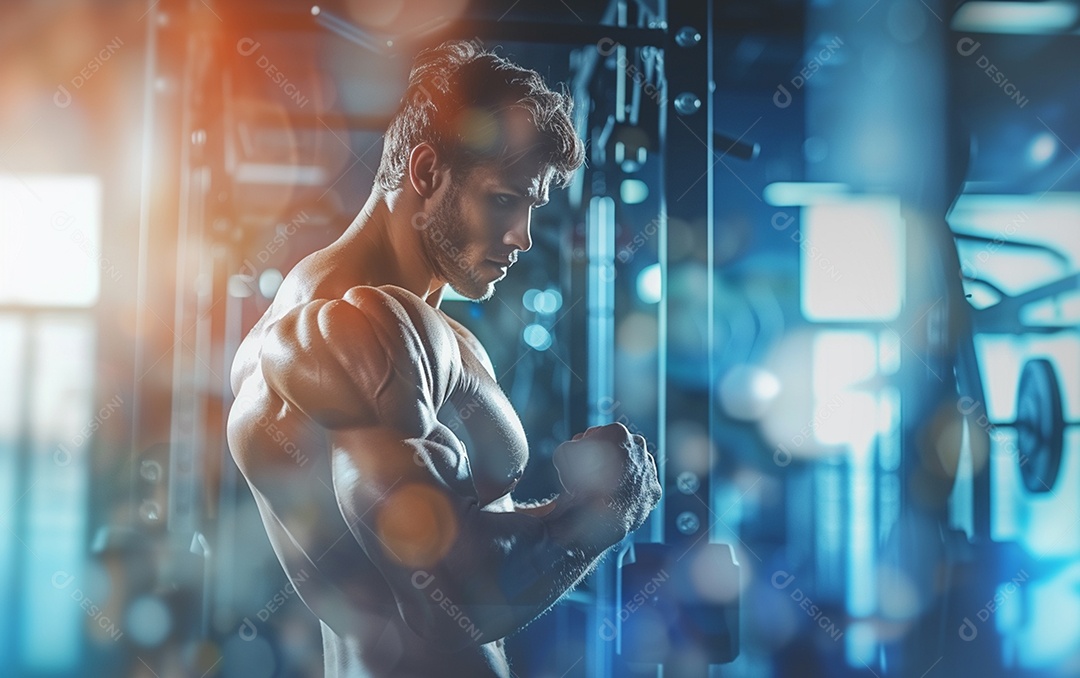 Homem fisiculturista sobre academia de fundo de cor sólida