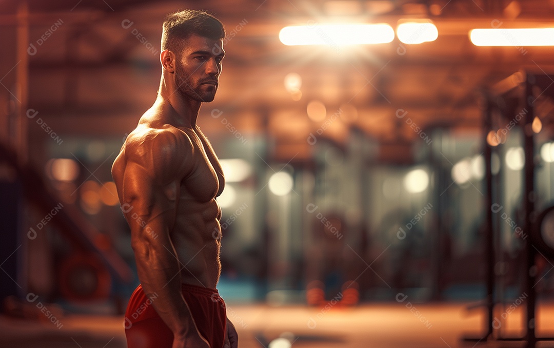 Homem fisiculturista sobre academia de fundo de cor sólida