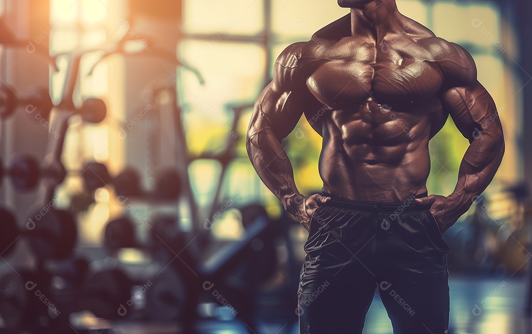 Homem fisiculturista sobre academia de fundo de cor sólida