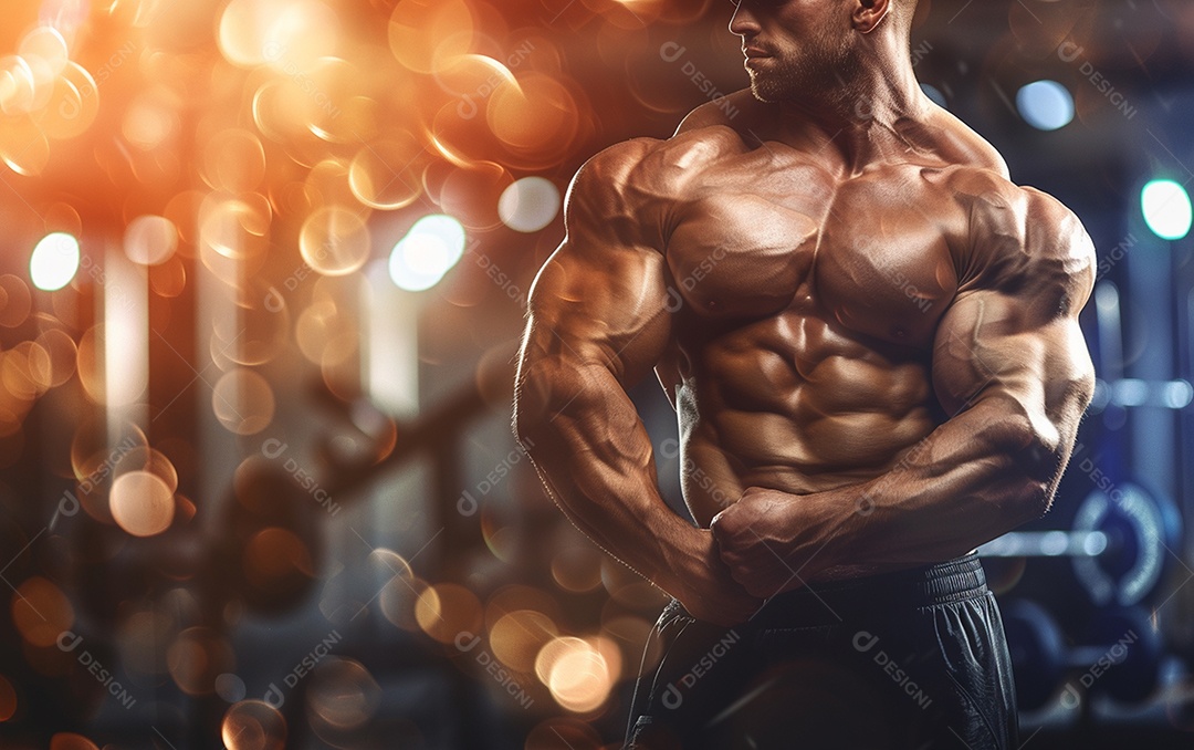 Homem fisiculturista sobre academia de fundo de cor sólida