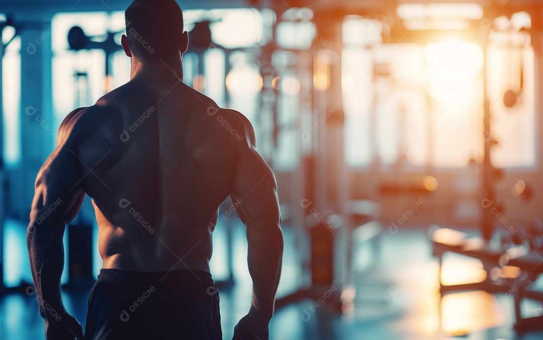 Homem fisiculturista sobre academia de fundo de cor sólida