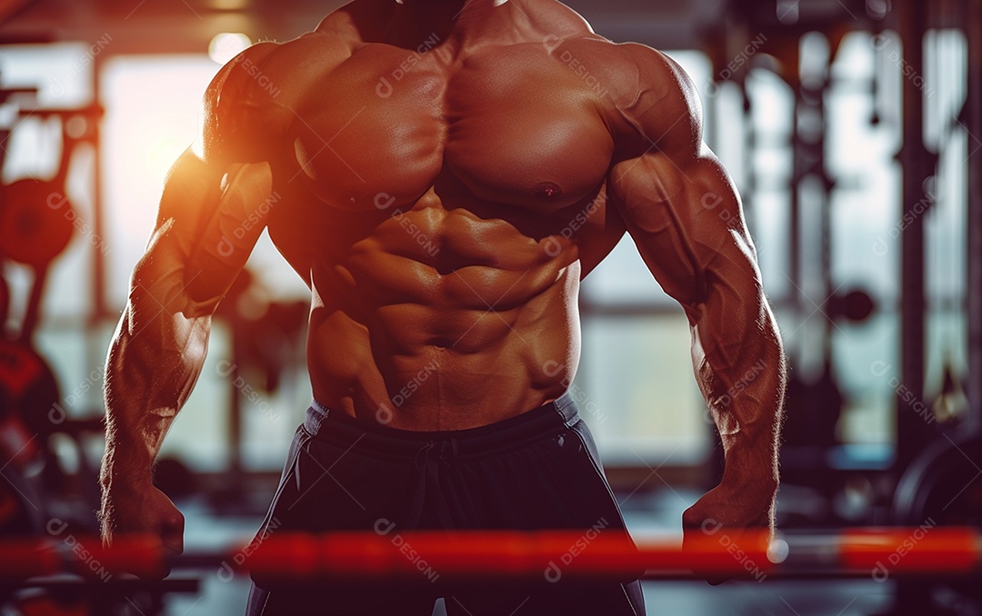 Homem fisiculturista sobre academia de fundo de cor sólida