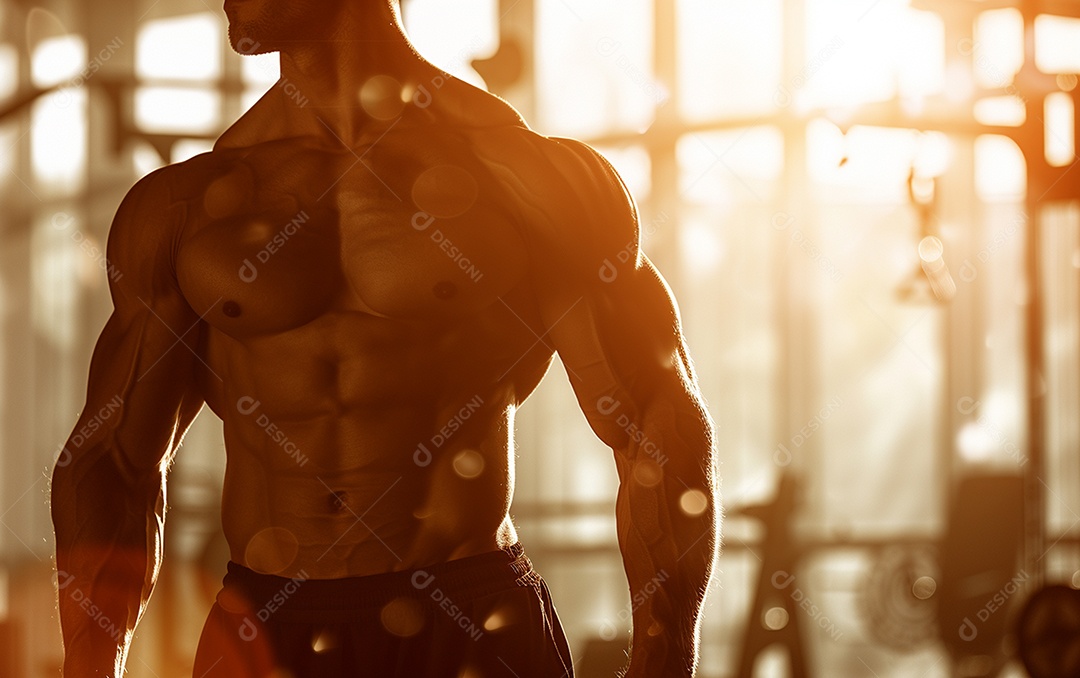 Homem fisiculturista sobre academia de fundo de cor sólida