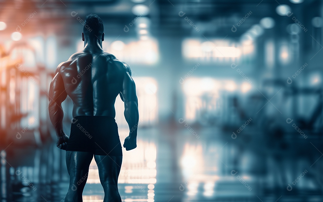 Homem fisiculturista sobre academia de fundo de cor sólida