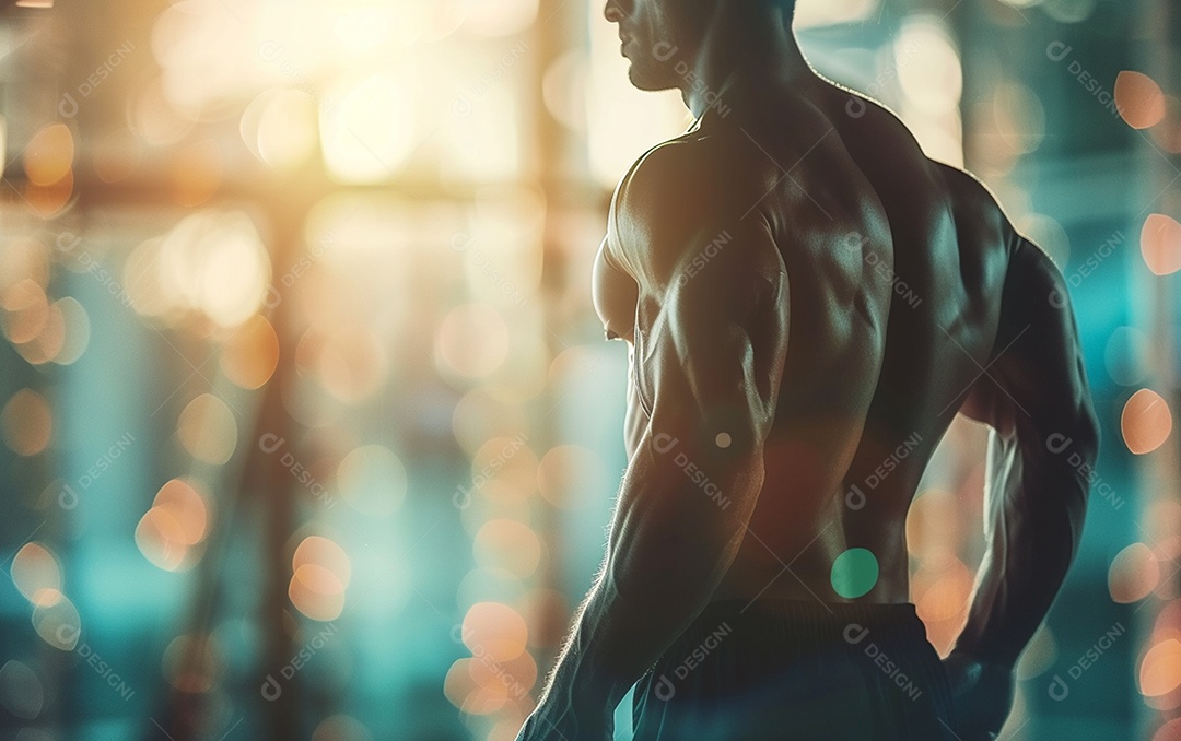 Homem fisiculturista sobre academia de fundo de cor sólida