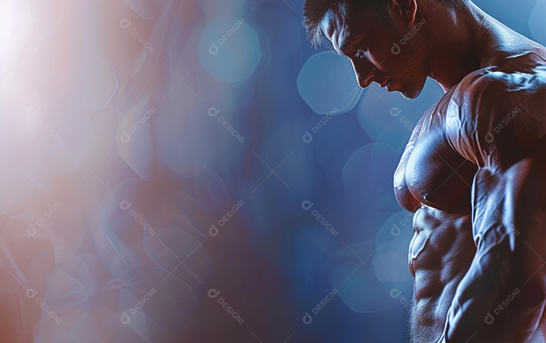 Homem fisiculturista sobre academia de fundo de cor sólida