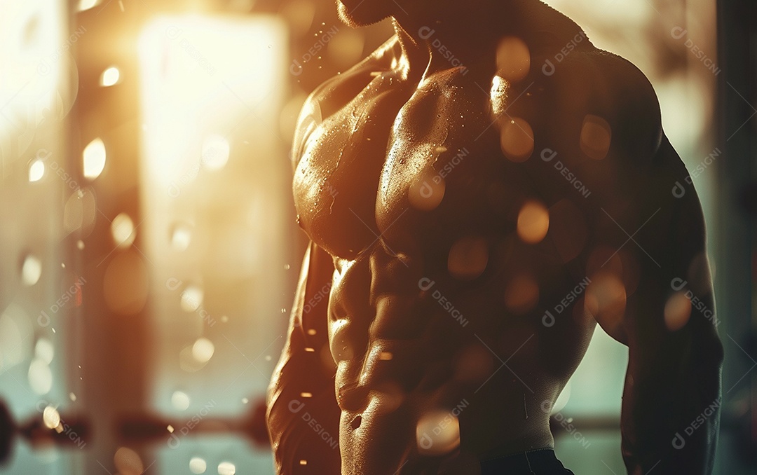 Homem fisiculturista sobre academia de fundo de cor sólida