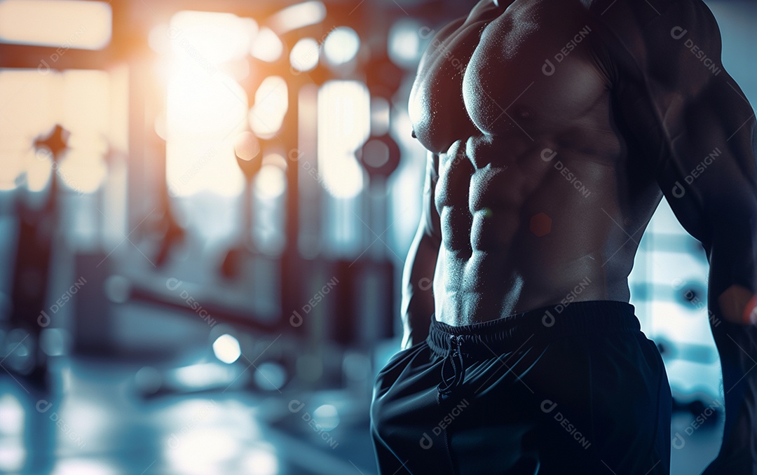 Homem fisiculturista sobre academia de fundo de cor sólida