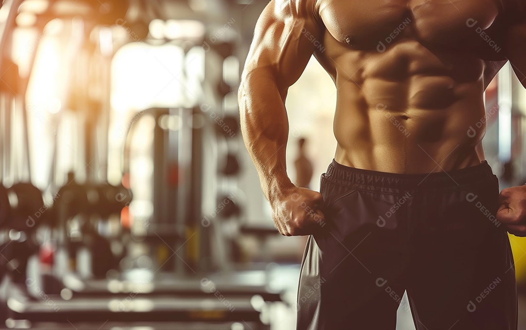 Homem fisiculturista sobre academia de fundo de cor sólida