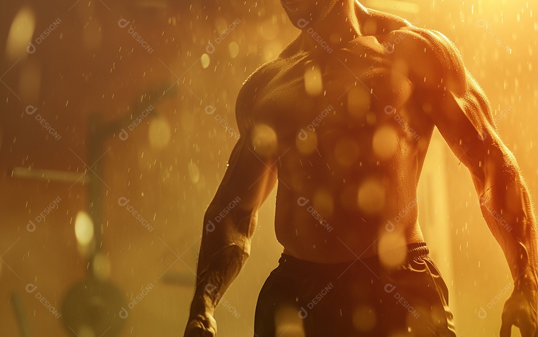 Homem fisiculturista sobre academia de fundo de cor sólida