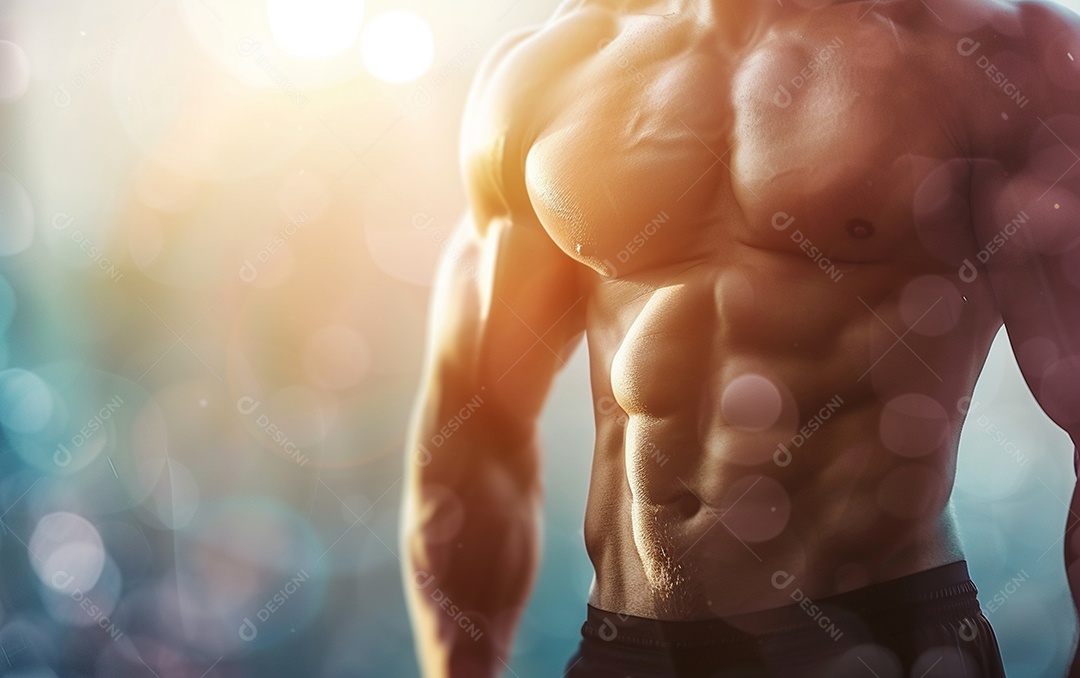 Homem fisiculturista sobre academia de fundo de cor sólida