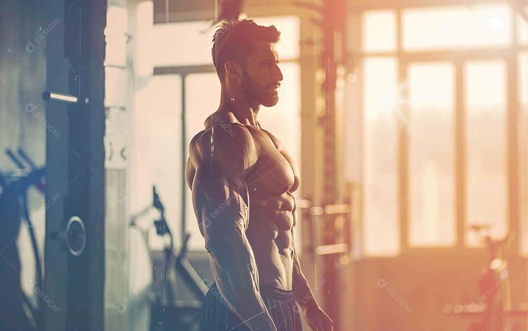 Homem fisiculturista sobre academia de fundo de cor sólida