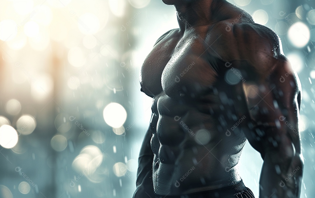 Homem fisiculturista sobre academia de fundo de cor sólida