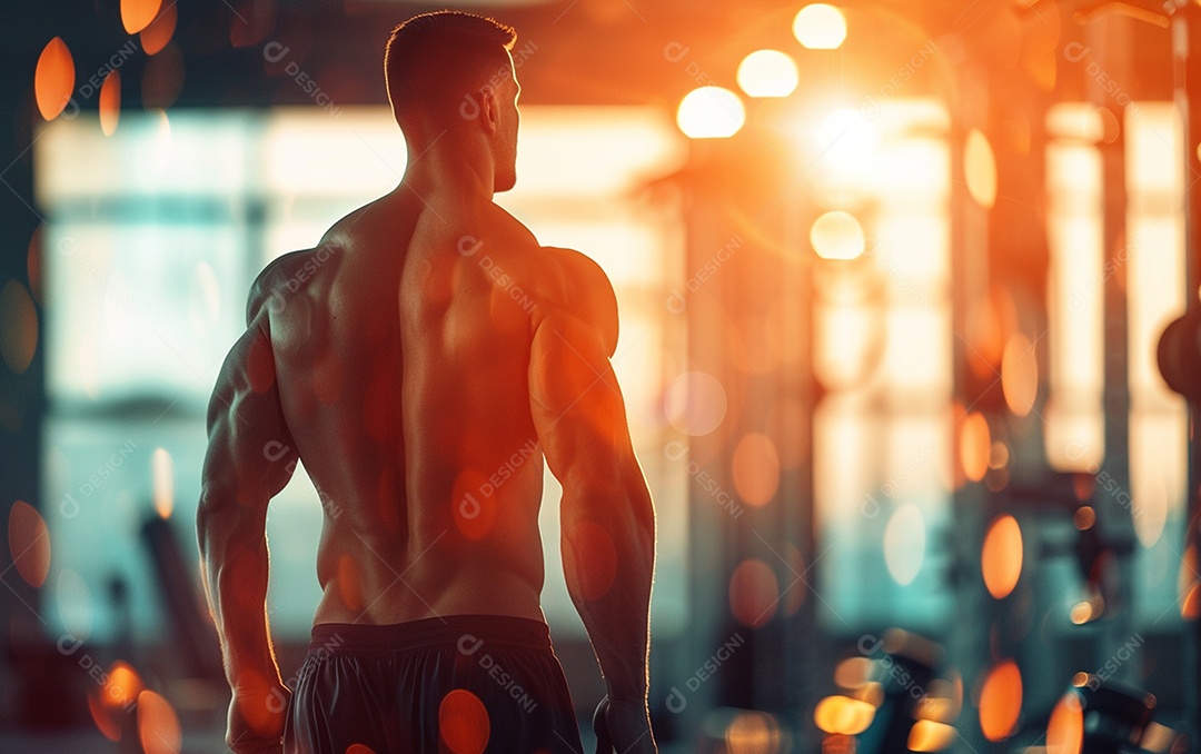 Homem fisiculturista sobre academia de fundo de cor sólida