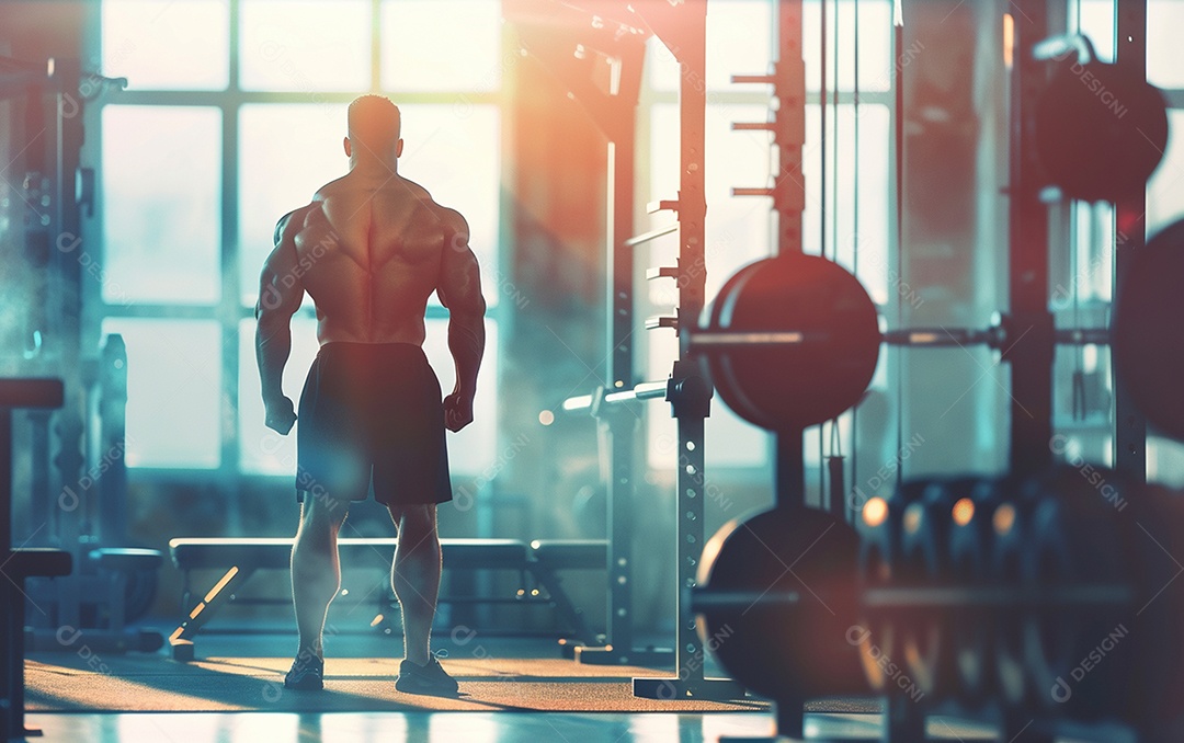 Homem fisiculturista sobre academia de fundo de cor sólida