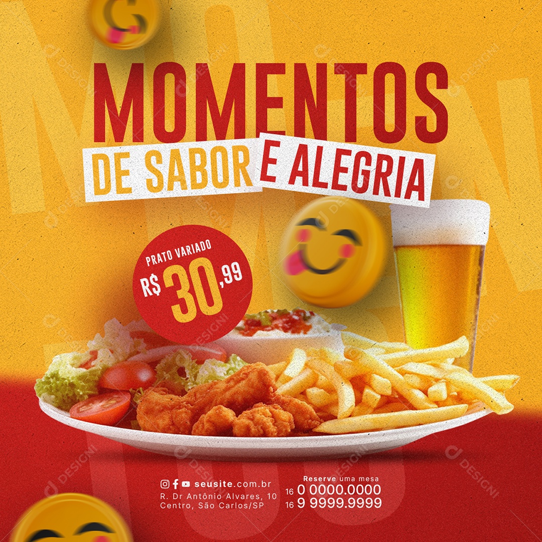 Happy Hour Momentos de sabor e alegria Prato variado Social Media PSD Editável