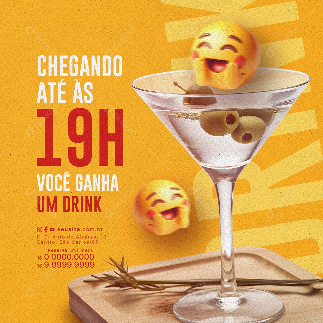 Happy Hour Chegando Até às 19h Você ganha um Drink Social Media PSD Editável