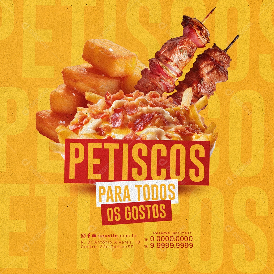 Happy Hour Petiscos para todos os gostos espetinhos porção de batata Social Media PSD Editável