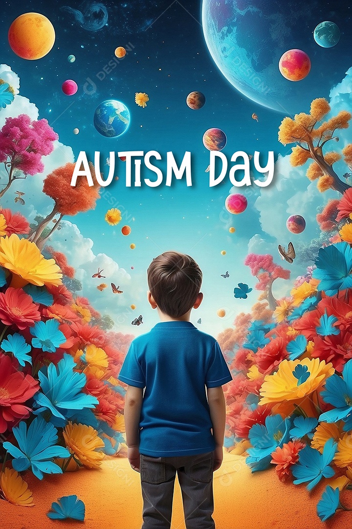 Modelo de dia do autismo para redes sociais com crianças vibrantes bores brilhantes espaço para Texto IA  generativa