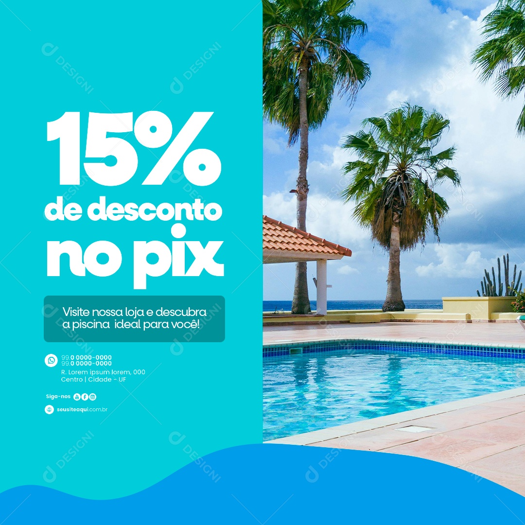 Loja de Piscinas 15% de desconto no pix Social Media PSD Editável