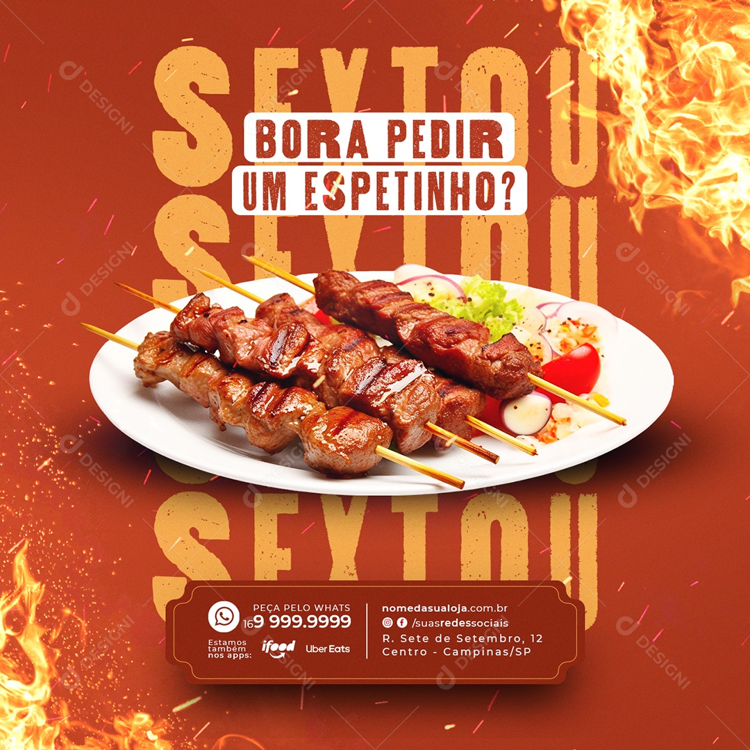 Churrascaria Sextou Bora pedir um Espetinho delivery Social Media PSD Editável