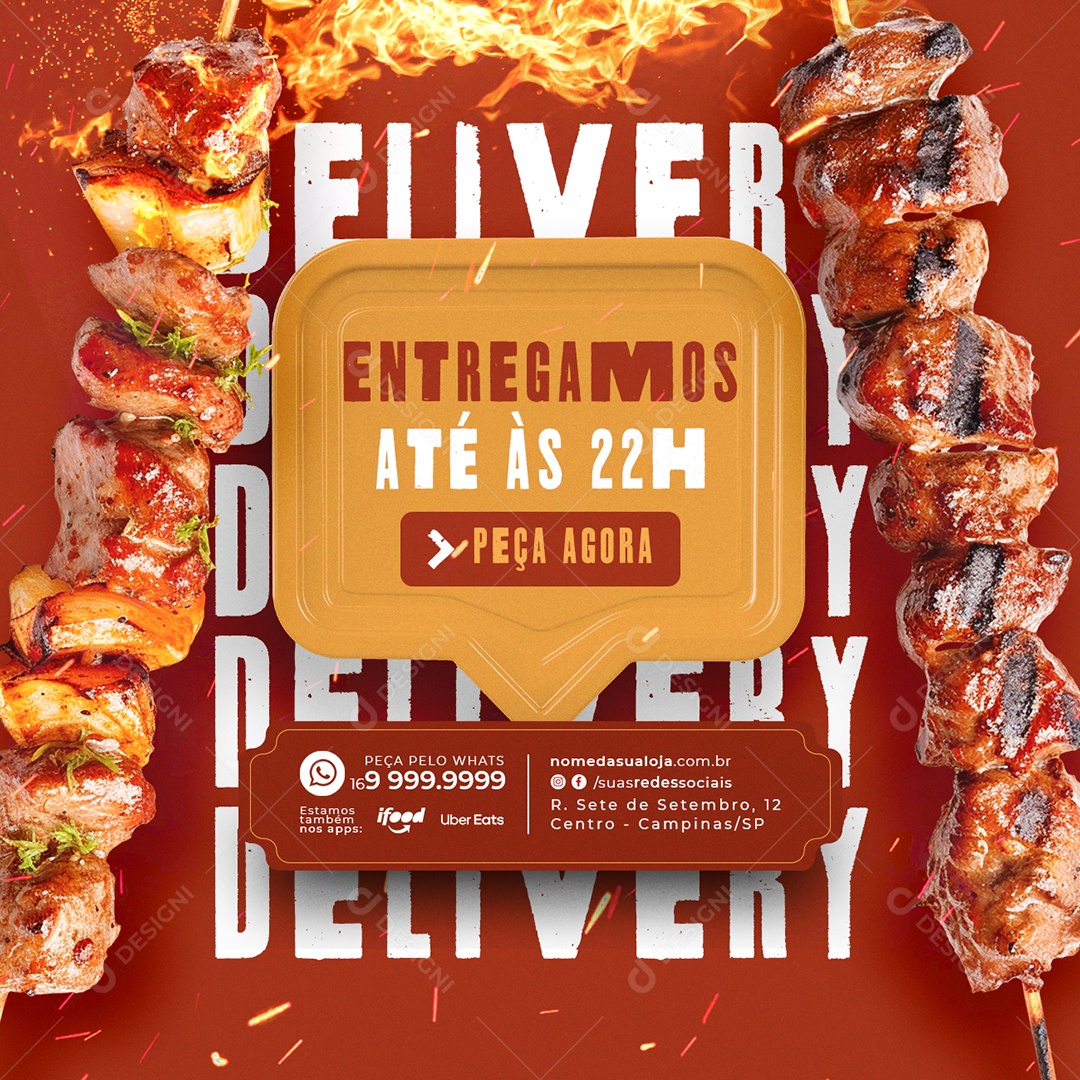 Churrascaria Espetinho Delivery Entregamos até às 22h Social Media PSD Editável