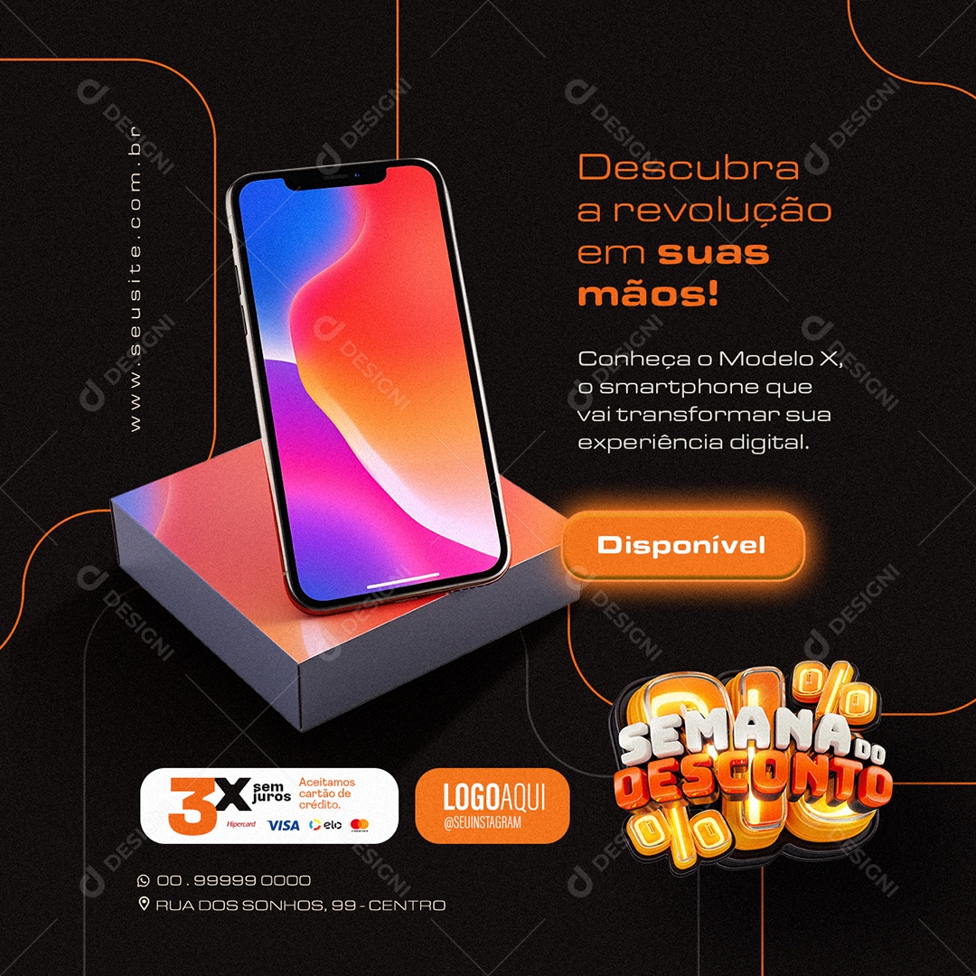 Semana do Desconto Loja de Celulares Descubra a revolução Iphone Social Media PSD Editável