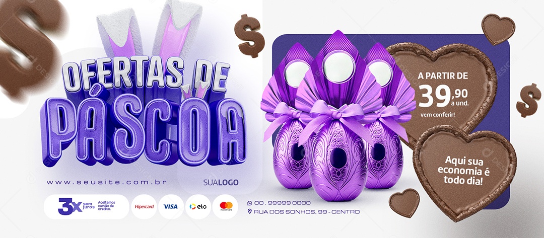Banner Ofertas de Páscoa Supermercado Ovos de Páscoa brinquedos Social Media PSD Editável