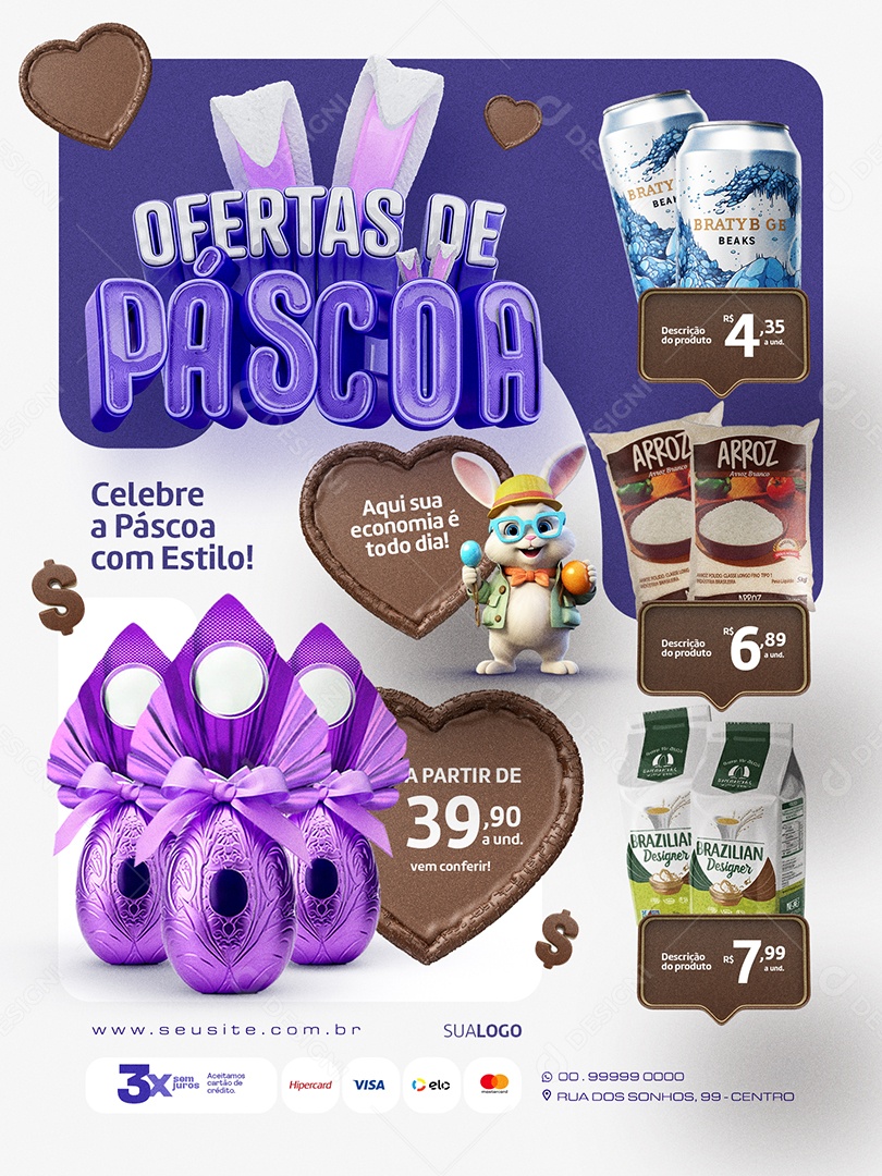 Ofertas de Páscoa Supermercado Encarte Aqui sua economia é todo dia Social Media PSD Editável