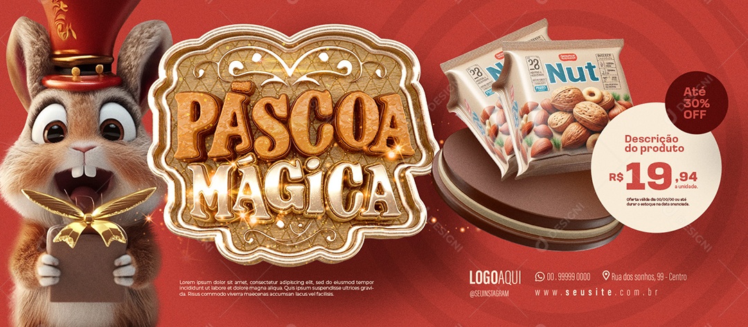 Banner Páscoa Mágica Supermercado Nozes Até 30% Off Social Media PSD Editável