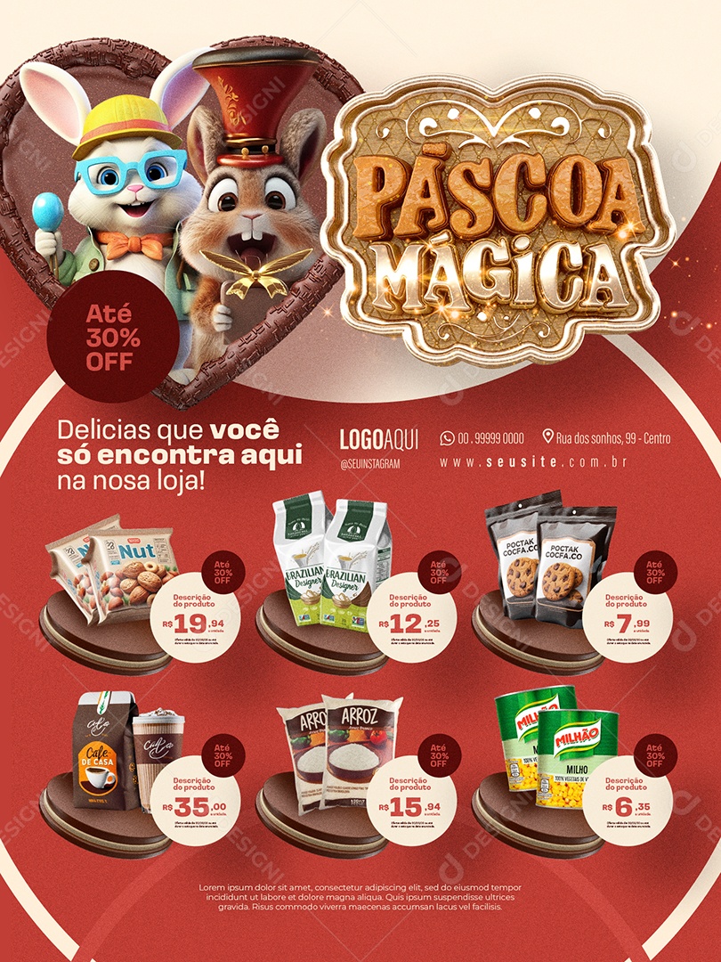 Páscoa Mágica Supermercado Encarte Delicias que você só encontra aqui Social Media PSD Editável