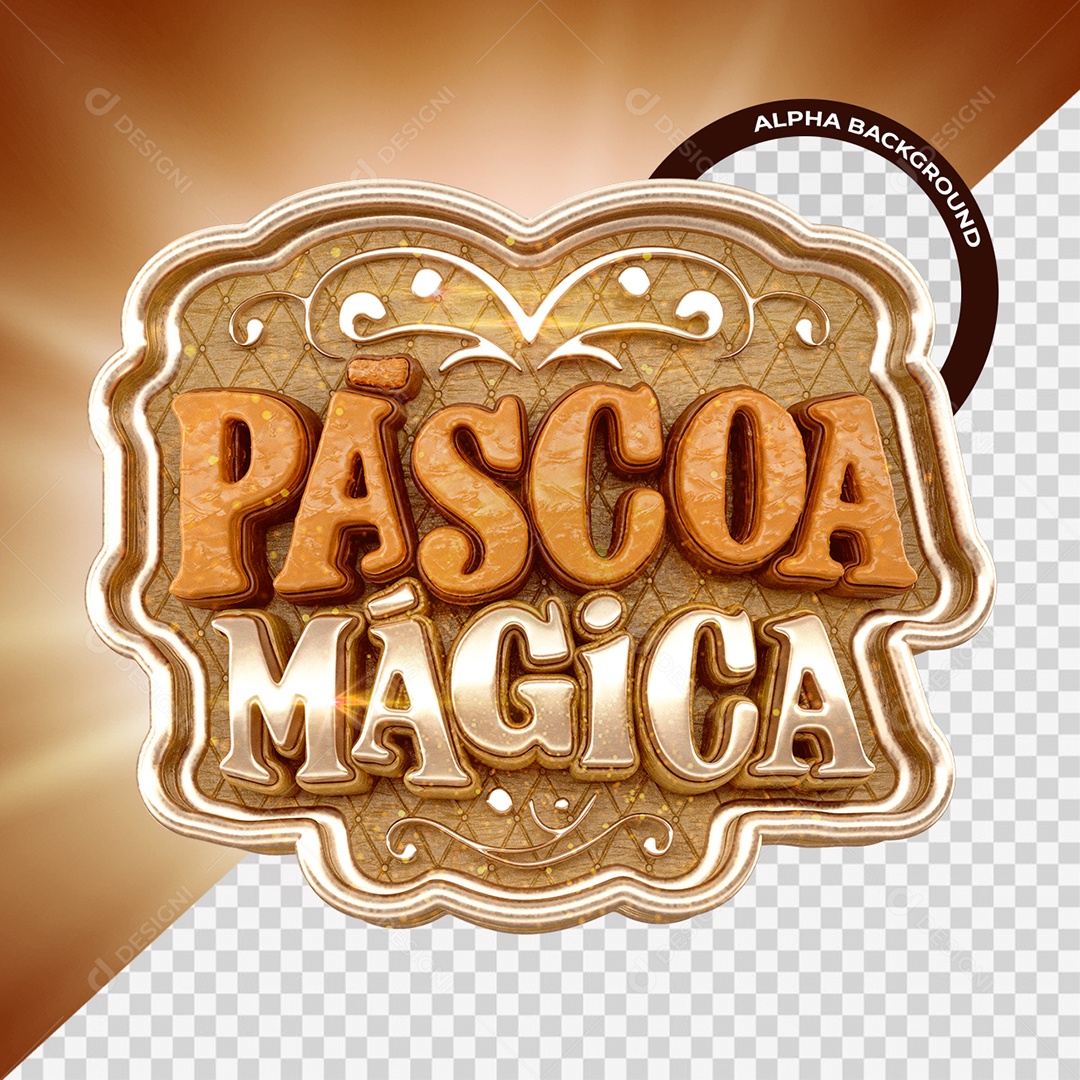 Páscoa Mágica Selo 3D Laranja e Dourado para Composição PSD