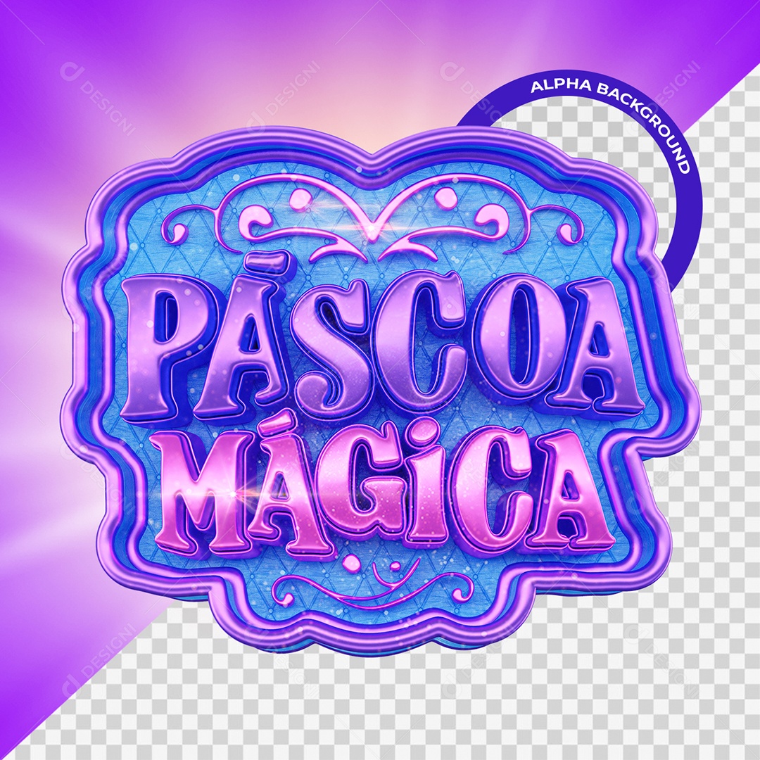 Páscoa Mágica Selo 3D Roxo Rosa e Azul para Composição PSD