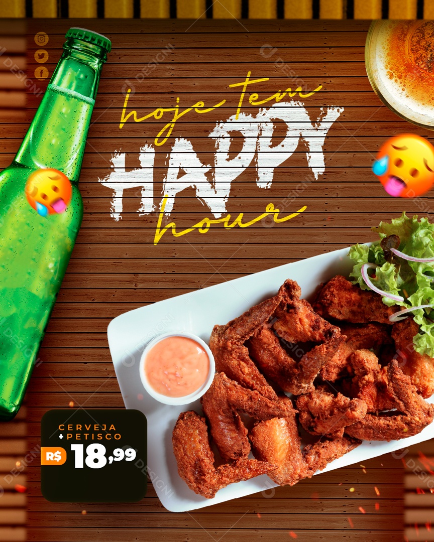 Hoje tem Happy Hour Cerveja mais Petisco 18,99 Social Media PSD Editável