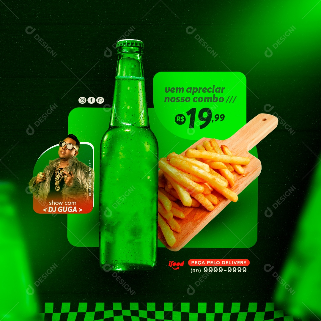 Bar vem Apreciar nosso Combo Batata Frita Cerveja e Show Social Media PSD Editável