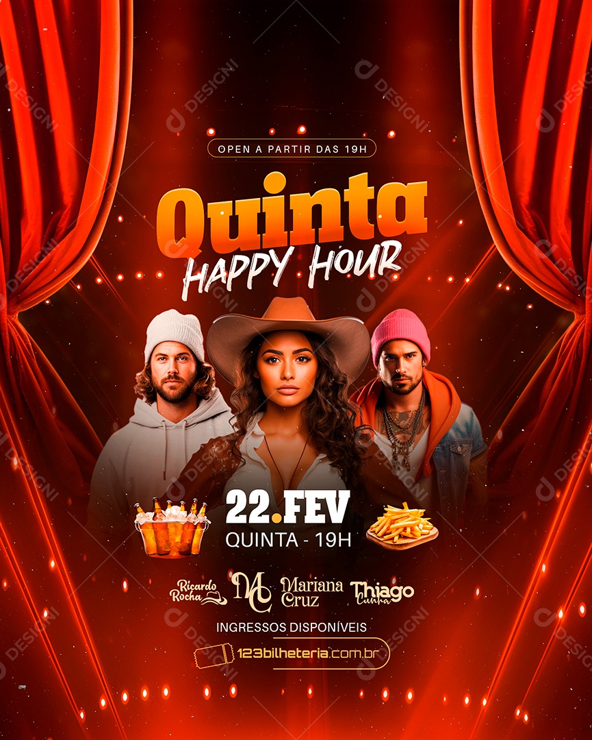 Flyer Quinta Happy Hour Ricardo Rocha Mariana Cruz Thiago Cunha Social Media PSD Editável