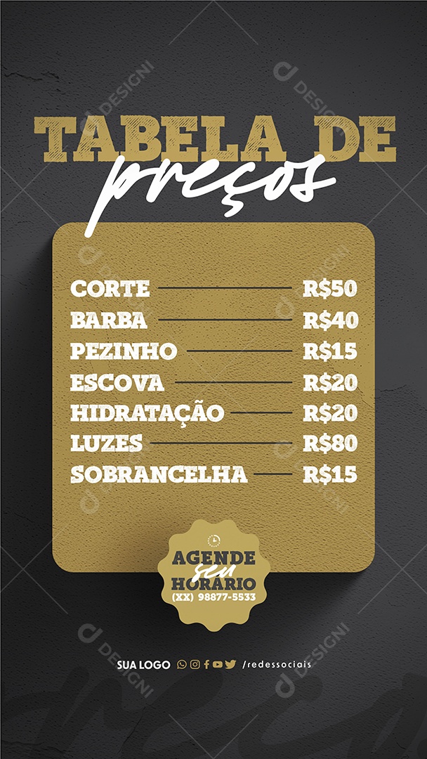 Story Barbearia Tabela de preços Agende seu Horário Social Media PSD Editável