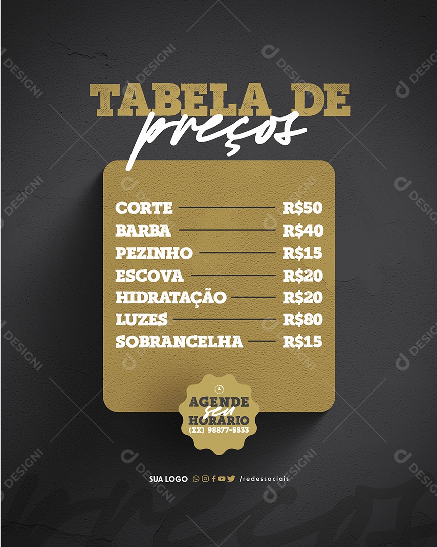 Barbearia Tabela de preços Agende seu Horário Social Media PSD Editável