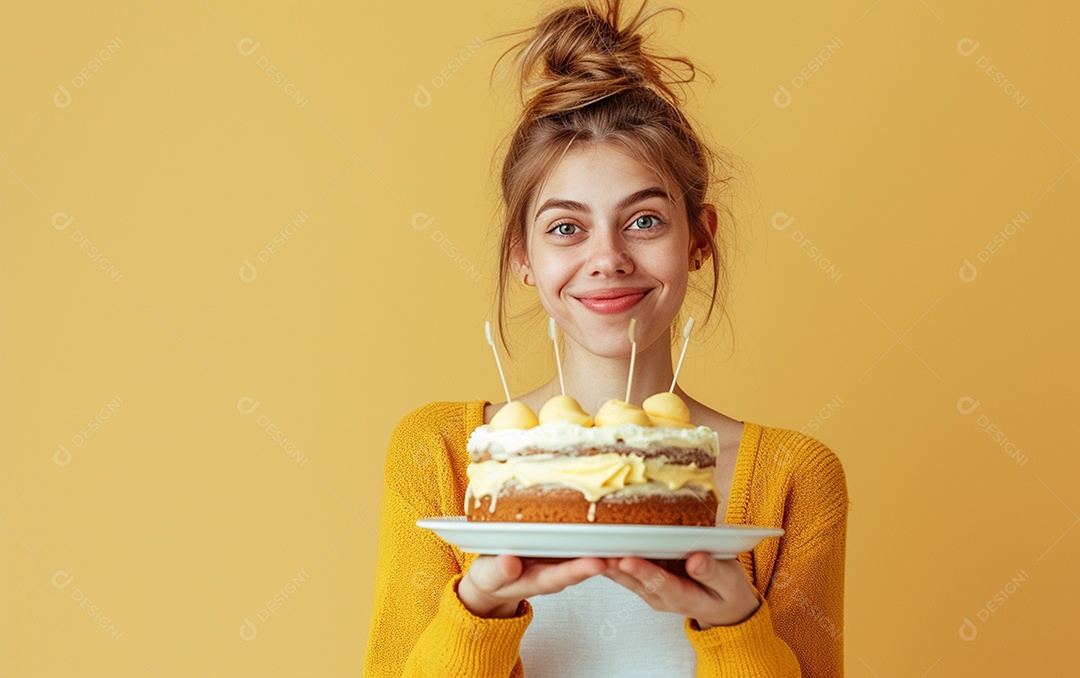 Menina com bolo mostrando sobremesa em fundo de cor sólida