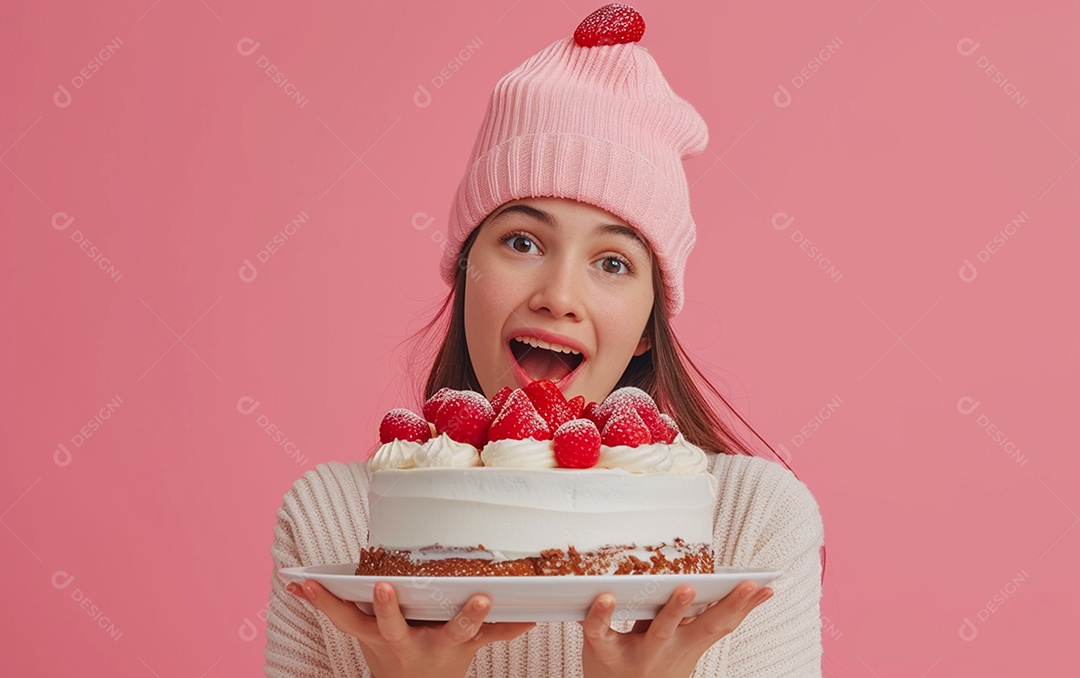 Menina com bolo mostrando sobremesa em fundo de cor sólida