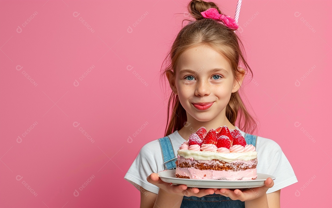 Menina com bolo mostrando sobremesa em fundo de cor sólida