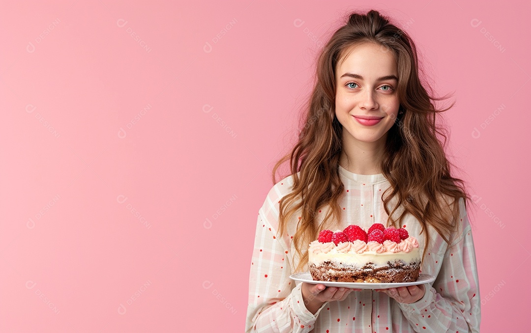 Menina com bolo mostrando sobremesa em fundo de cor sólida
