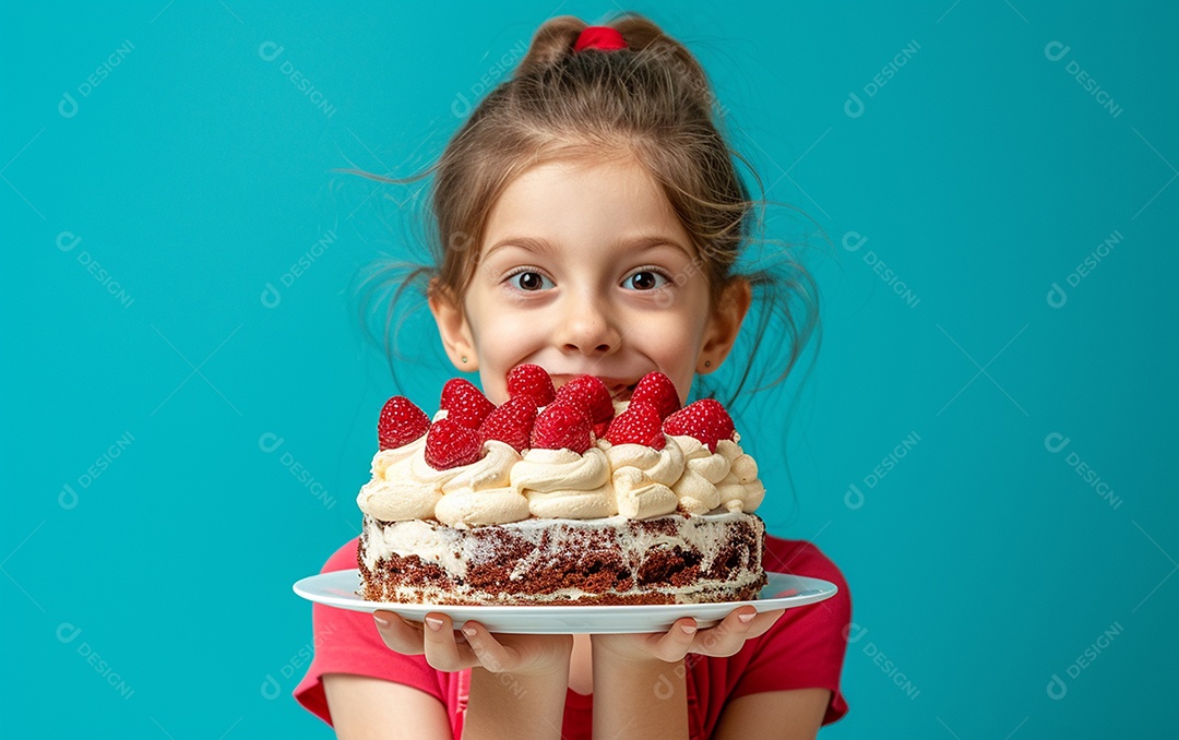 Menina com bolo mostrando sobremesa em fundo de cor sólida