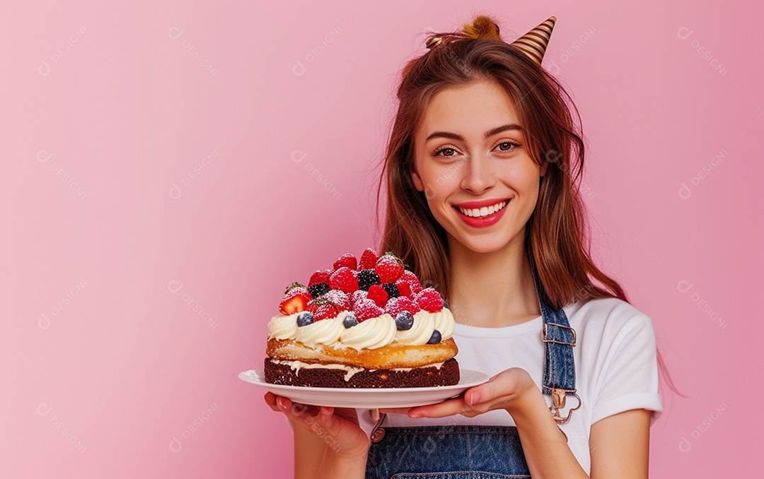 Menina com bolo mostrando sobremesa em fundo de cor sólida