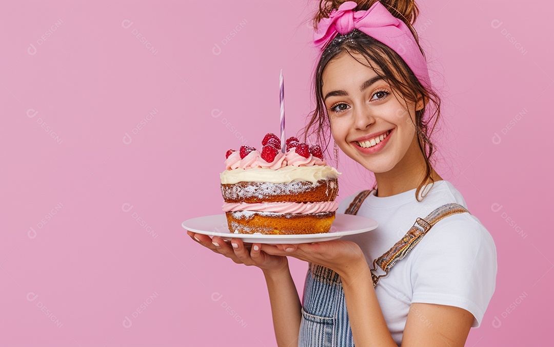 Menina com bolo mostrando sobremesa em fundo de cor sólida