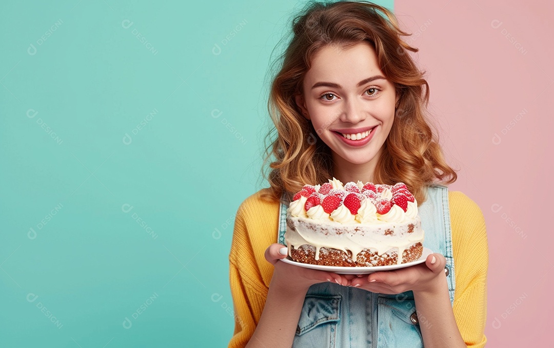 Menina com bolo mostrando sobremesa em fundo de cor sólida