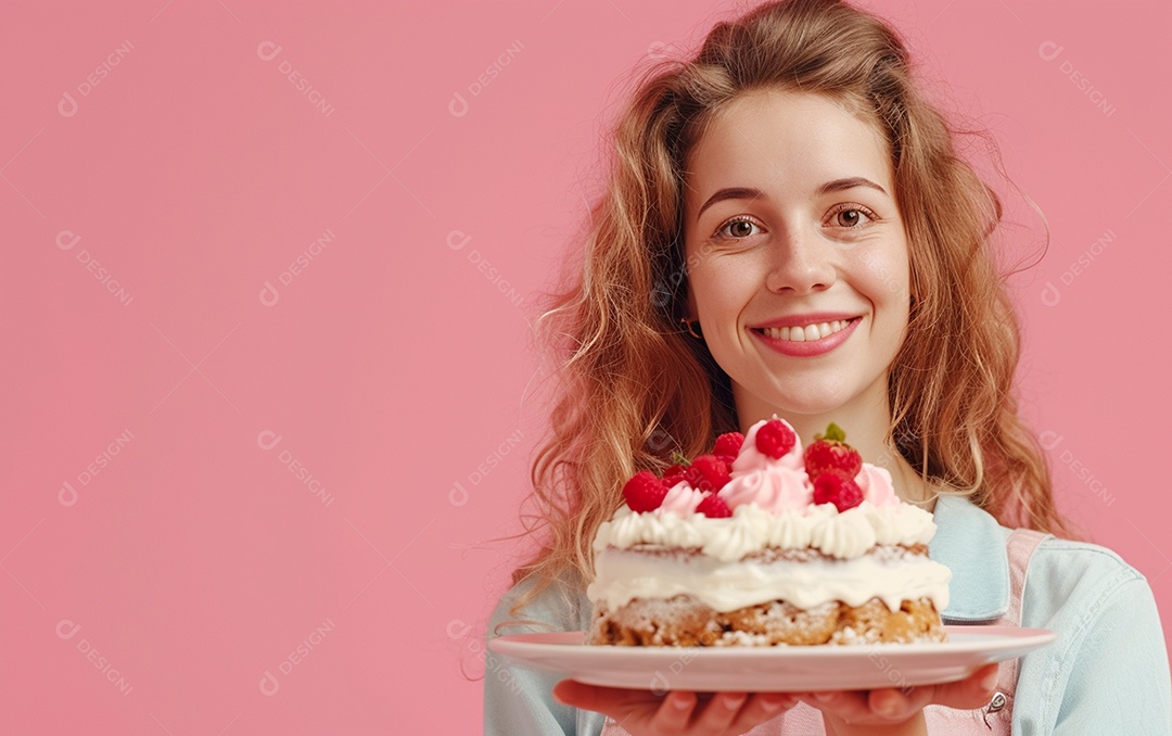 Menina com bolo mostrando sobremesa em fundo de cor sólida